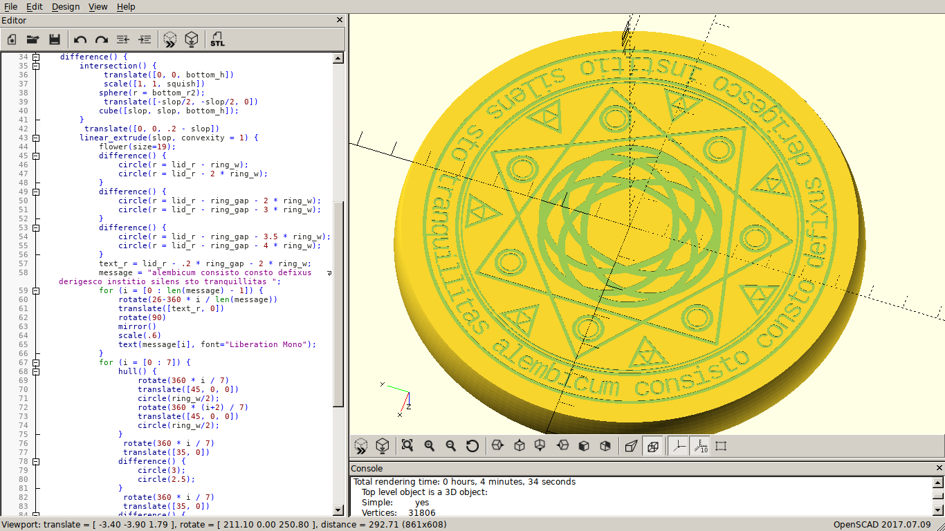 A magick circle composed of circles, triangles, latin text, a seven-pointed star, and a rose curve, in the right pane of an editor, with the code that generates it in the left pane.