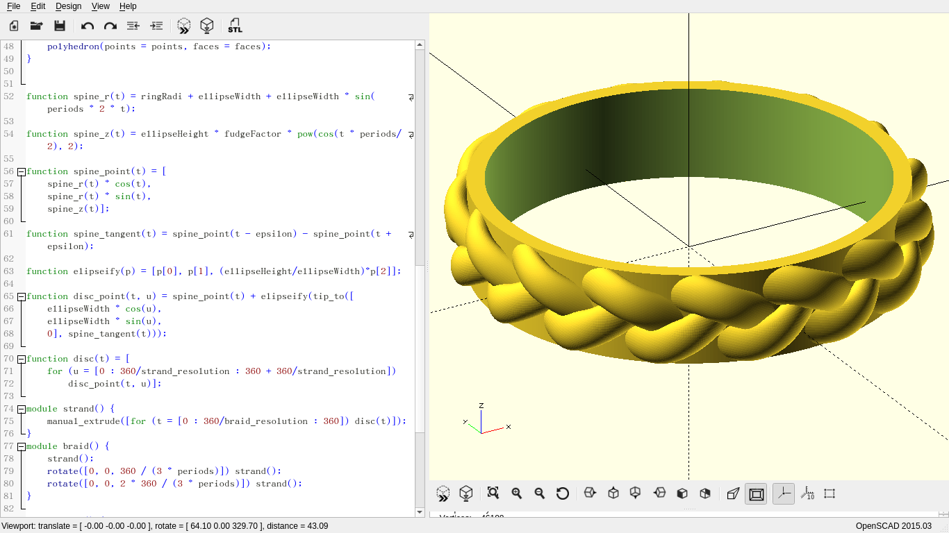 A ring with a braid embedded in it in the right pane of an editor, with the code that generates it in the left pane.