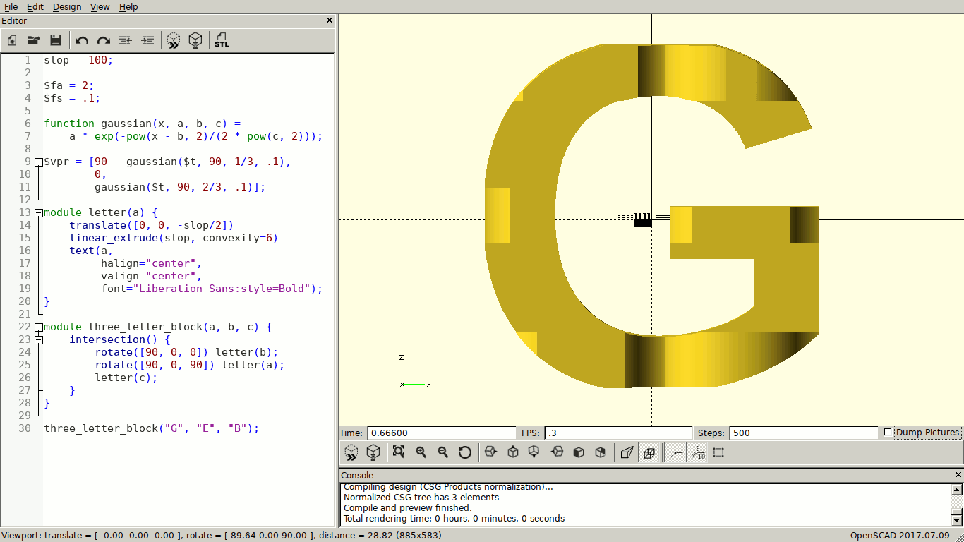 A complicated shape than when viewed from the side appears as a 'G', when turned a quarter turn appears as an 'E' and when viewed from the top appears as a 'B', in the right pane of an editor, with the code that generates it in the left pane. The image is animated to show the shape from each angle.