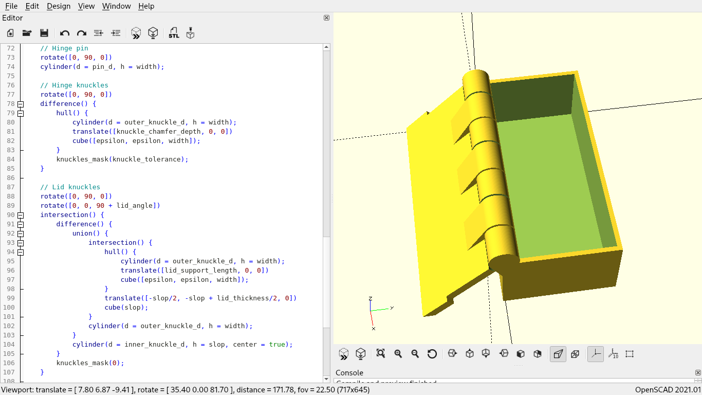 A box with a hinged lid.  The box is open.  The box is in the right pane of an editor, with the code that generates it in the left pane.