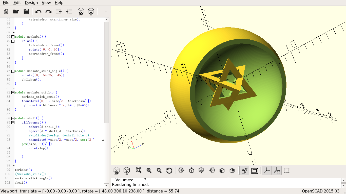 A hollow eight-ponted three-dimensional star inside a spherical shell, all in the right pane of an editor, with the code that generates it in the left pane.