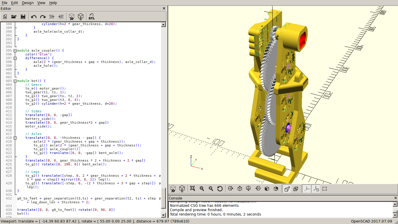 A two-footed, four-toed walking robot composed mostly of gears in the right pane of an editor, with the code that generates in the left pane.